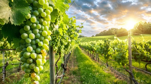 Ripe grapes on vines in a vineyard during sunset, with warm hues illuminating the scene.