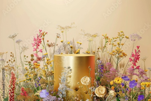 a gold pedestal cylinder is surrounded by dried flowers on a white surface .