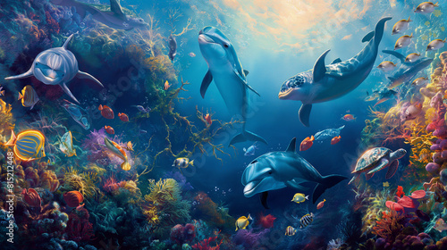 a whimsical underwater scene, featuring a vibrant coral reef teeming with colorful fish, playful dolphins, and graceful sea turtles, evoking a sense of tranquility and wonder beneath the waves