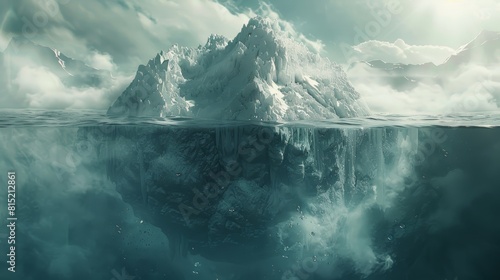 Stunning view of a majestic iceberg with its massive underwater portion visible, showcasing the dramatic contrast between the exposed and submerged parts.