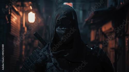 aptured in a dimly lit alley, a mysterious figure clad in a hooded cloak wields a sword, eyes glowing ominously in the shadows. The moody, neon-lit backdrop adds a dramatic and suspenseful tone, perfe