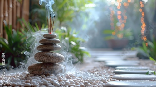 tranquil retreat setting with smooth stones, incense sticks banner promoting mindfulness and balance with copy space for text