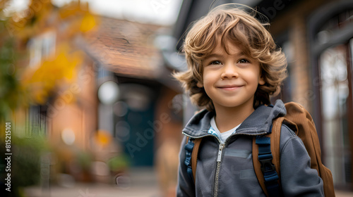 Happy and smiling little boy carrying a backpack