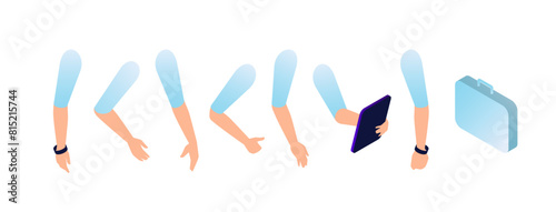 Isometric constructor to create character. Set of separate female hands for movement of character. Sequence of arms holding different items, vector illustration isolated on white background