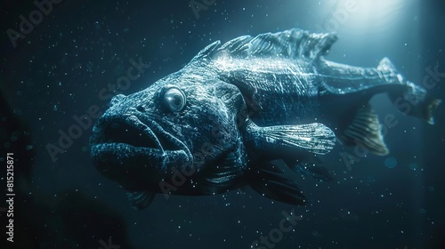Depict a coelacanth caught in the beam of a submarines light, emphasizing its rare and elusive nature