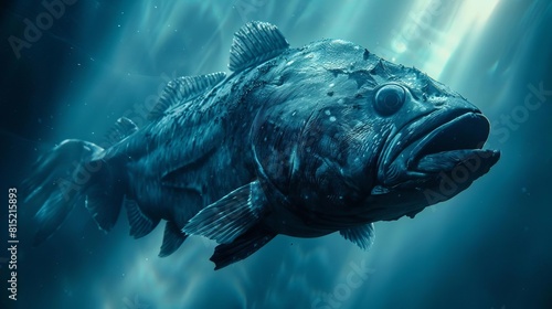 Depict a coelacanth caught in the beam of a submarines light, emphasizing its rare and elusive nature