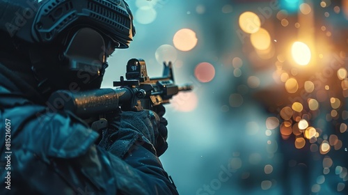 Depict a police officer, seen from behind, aiming their gun during a tense hostage rescue operation