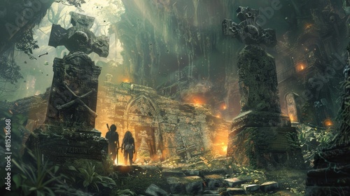 Two adventurers walking through overgrown jungle ruins, approaching a mysterious ancient temple surrounded by lush vegetation and weathered stone structures.