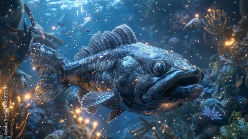 Design an image of a coelacanth swimming near the ocean floor, with a bioluminescent creature in the background