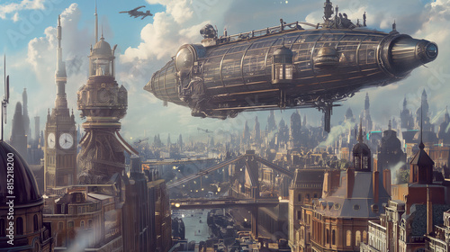 an imaginative steampunk cityscape, where towering clockwork skyscrapers rise above bustling streets filled with steam-powered vehicles, airships, and eccentric inventors, blending Victorian elegance 
