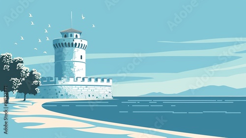 Illustrated White Tower Overlooking Thessaloniki Seaside