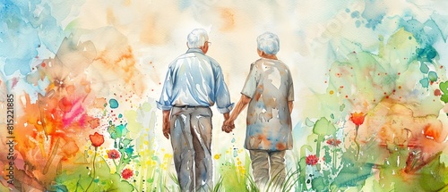 An elderly couple is walking away from the camera, surrounded by a field of flowers