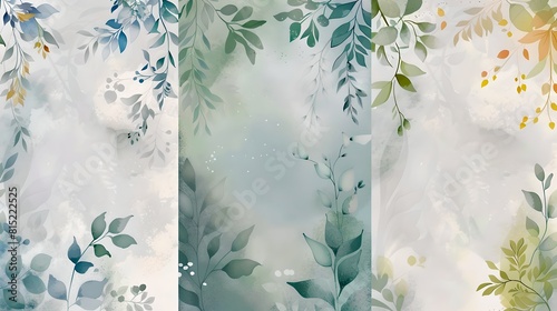 Elegant botanical art in a triptych style. Soft watercolor leaves for peaceful decor. Ideal for serene wall art and home interior design. AI