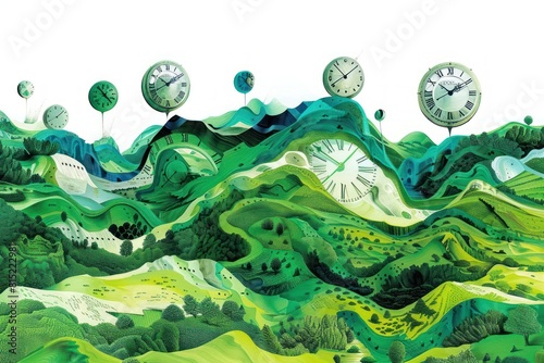 Surreal clocks melting over a landscape, but rendered in various shades of green