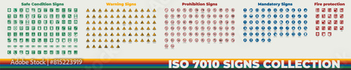 International set signs symbols ISO 7010. Used in industrial applications public buildings. Prohibited, Mandatory, Warning, Fire, Safe, First Aid. Print stickers posters, books and more