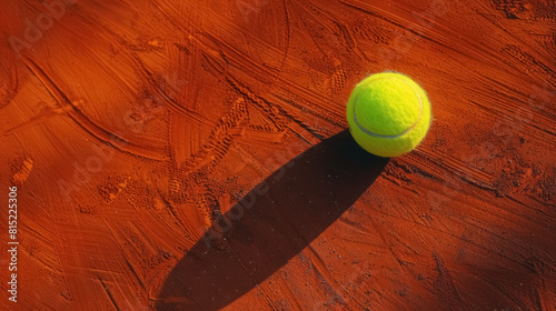 tennis ball on Roland Garros clay court with visible texture and shadows, with copy space for text