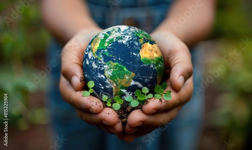 Abstract concept of hands holding earth, with green plants sprouting, symbolizing care for ecology, closeup