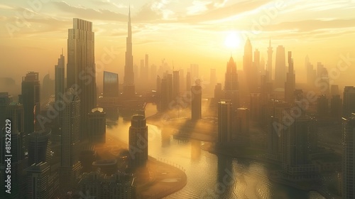 Dubai city 3d concept background. amazing city center skyline with luxury skyscrapers at sunrise, United Arab Emirates