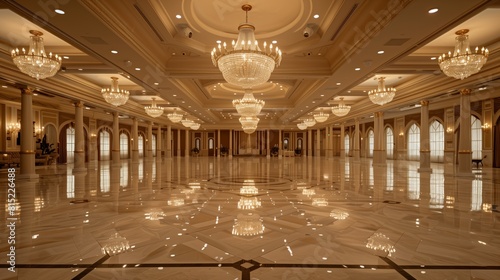 Luxurious grand hall with marble floors, ornate golden columns, and lavish chandeliers