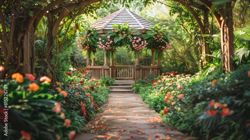 Picturesque wedding gazebo with lush greenery and plenty of copy space