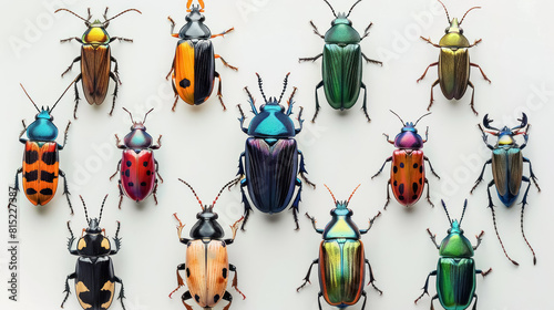 collection of colorful beetles on white background