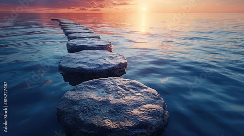 Abstract visualization of life milestones as stepping stones over a calm sea, wisdom journey, dawn light, front view