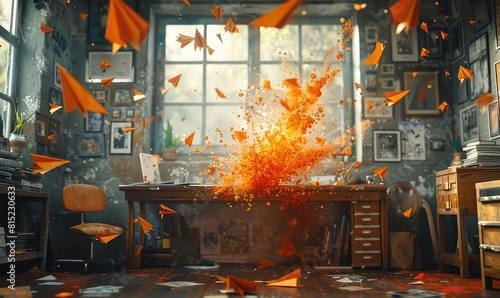 Artists desk with paper airplanes taking off, carrying splashes of paint, creative chaos, bright light, side angle