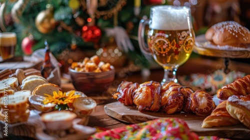 On the table you ll find a refreshing glass of beer paired with a delightful assortment of traditional Latvian bacon pastries known as piragi or piradzini surrounded by the vibrant decorati