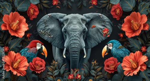 Exotic jungle background with flowers and elephants
