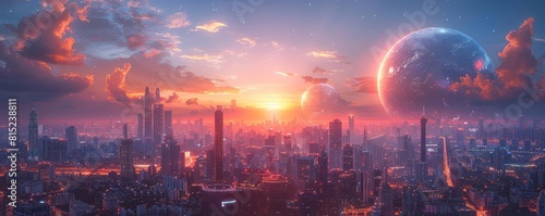 Concept of glowing energy orbs over a futuristic cityscape, twilight, aerial view