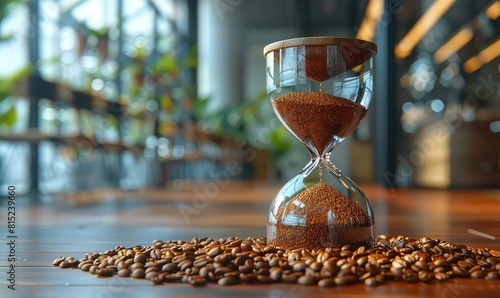 Conceptual 3D render of an hourglass with coffee beans instead of sand, blending time and coffee, soft morning light