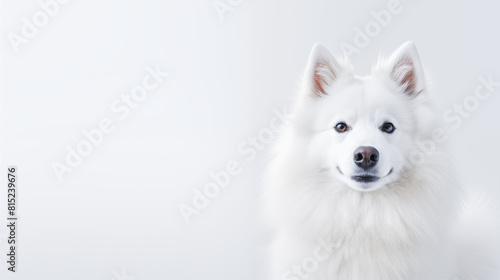 white dog looking towards camera on white background right side