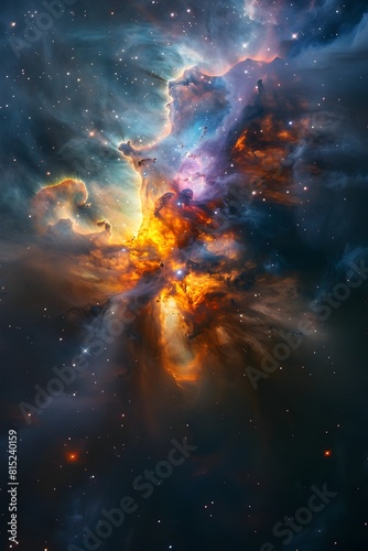 Una impresionante nebulosa color naranja,morado, azul con nubes de polvo y gas a lo lejos estrellas en el obscuro espacio exterior 