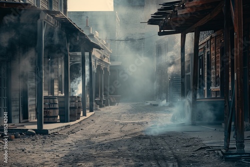 A deserted street with smoke in the air