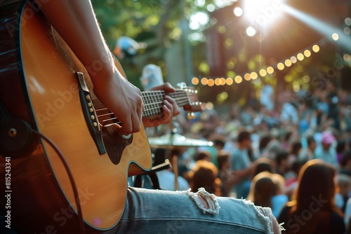 Close-up of musician playing acoustic guitar on stage during live concert.