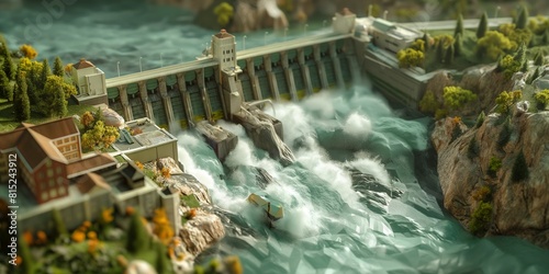 The photo shows a miniature dam with water flowing over it