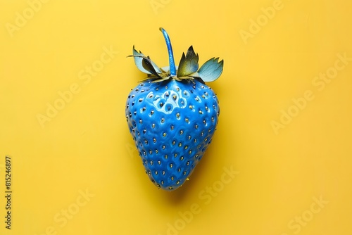 A blue strawberry with chrome stems on a yellow background. This concept has a minimalist style.
