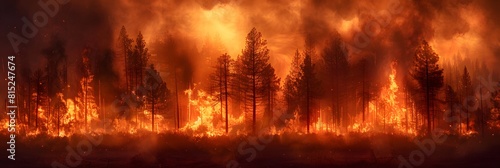A forest on fire, flames engulfing tall trees in the woods. A large scale wildland burning event with thick smoke and orange heat haze creating an intense scene of destruction