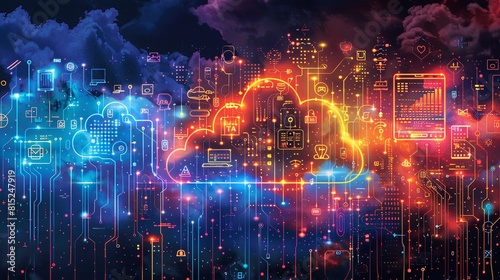 Urban cityscape illuminated by vibrant lights connected to technology in the clouds