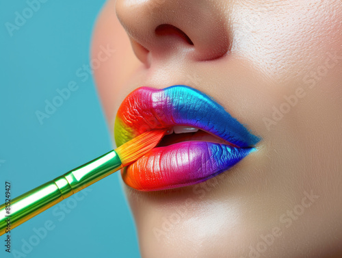 Gay maquillándose los labios y cara con colores de la bandera gay, Concepto de orgullo gay, homosexual, libertinaje, maquillaje, transexual, progresismo, modernidad.