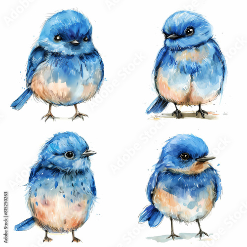 Watercolor painting set of blue birds