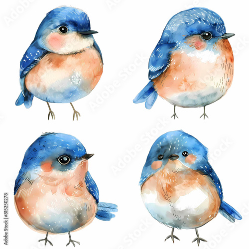 Watercolor painting set of blue birds