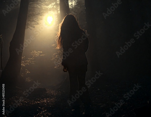 silhouette of a long-haired woman walking through a dark forest towards the sun glimpsed between the trees