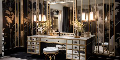 A chic dressing room featuring glamorous metallic wallpaper in silver and gold tones, a vanity area with Hollywood-style mirrors, and luxurious seating.