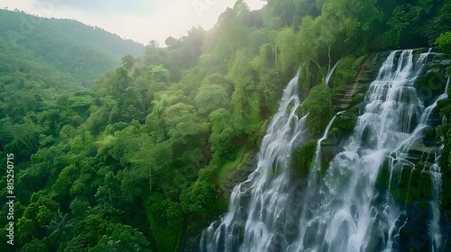 Aerial view waterfall in lush tropical green forest. Nature landscape. Mae Ya Waterfall is situated in Doi Inthanon National Park, Chiang Mai, Thailand. Waterfall flows through jungle on mountainside