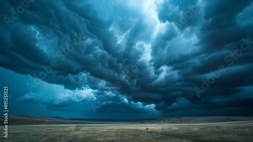 A large storm cloud is rolling across a field
