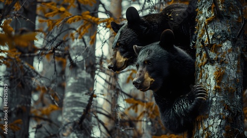 Amazing black bear are climbing in the forest and wants to play with his friend. Two bears are fighting ind the trees and trying to stay on the tree. Just wonderful animal