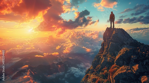 A lone hiker stands silhouetted against a fiery orange sunset, gazing out at a breathtaking mountain landscape
