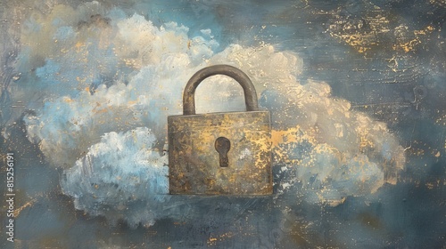 A rusty lock is suspended in the air above a cloudy sky