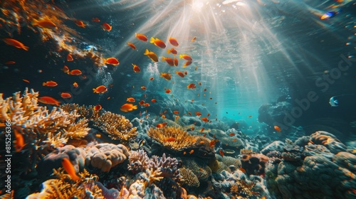 A school of fish swims in the ocean under the sun